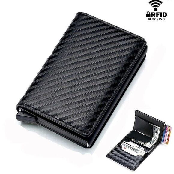 Wallet Leather RFID Blocking Slim Pop Up Card Case Minimalist New In Box Black - Picture 3 of 11